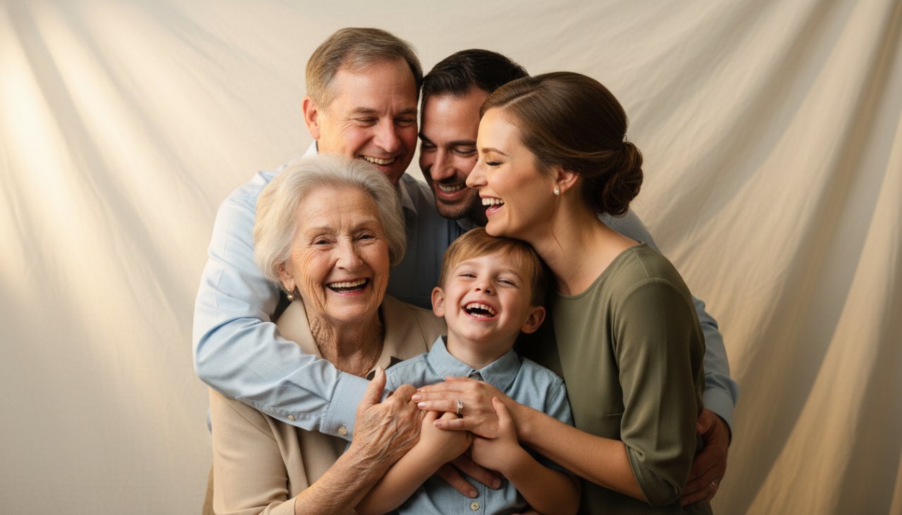 An intimate, epic moment captured through professional studio photography in Menzies Creek, Victoria, featuring a joyful family laughing warmly against a softly lit backdrop, showcasing artistic portraits.