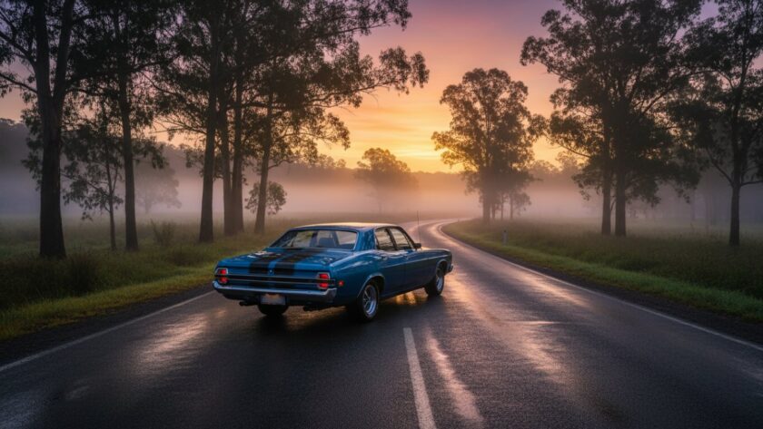A stunning wide shot of a gleaming classic muscle car, possibly a Ford Falcon GT, parked at dawn on a winding road near Menzies Creek, Victoria, with mist rising from the Dandenong Ranges in the background, showcasing an epic Menzies Creek vintage car photography experience.
