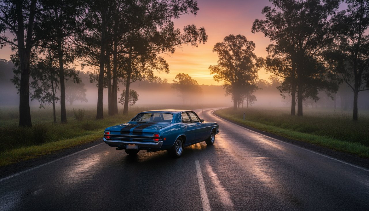 A stunning wide shot of a gleaming classic muscle car, possibly a Ford Falcon GT, parked at dawn on a winding road near Menzies Creek, Victoria, with mist rising from the Dandenong Ranges in the background, showcasing an epic Menzies Creek vintage car photography experience.