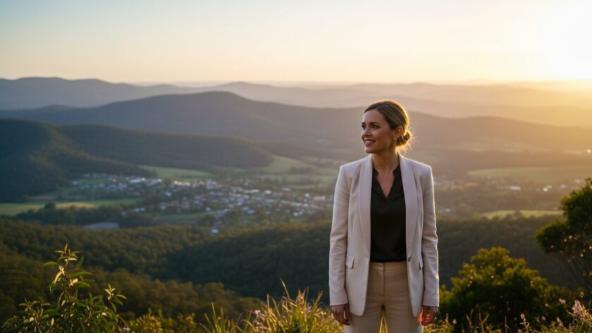 A dynamic, candid shot of a business professional in Tremont, Victoria, smiling confidently outdoors, exemplifying modern corporate headshots Tremont Victoria, with the Dandenong Ranges in the soft-focus background.