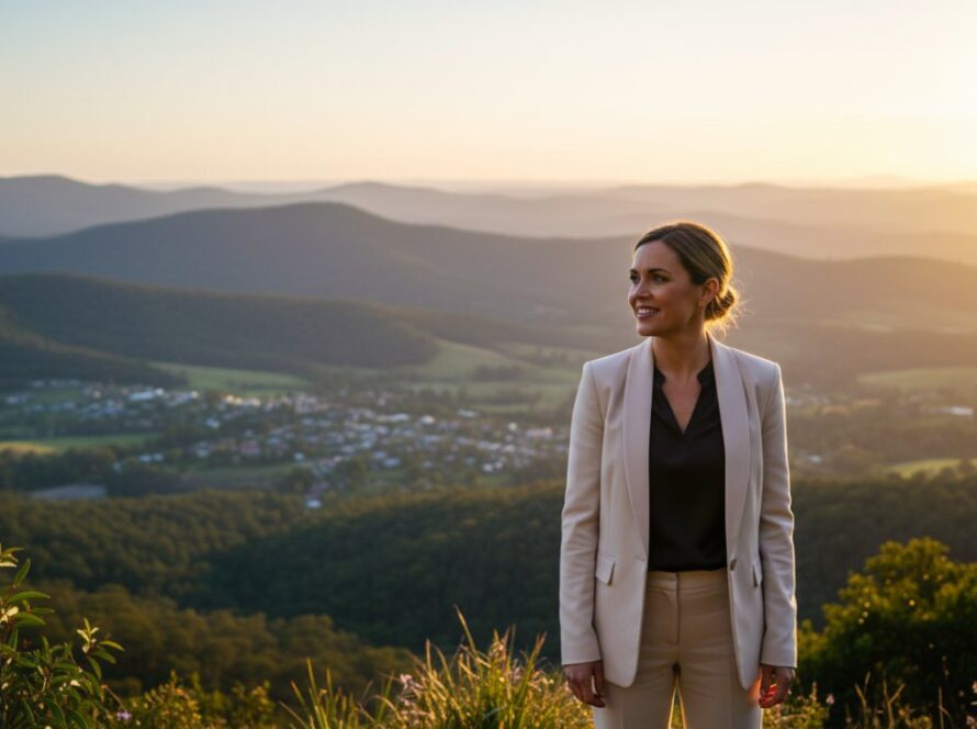 A dynamic, candid shot of a business professional in Tremont, Victoria, smiling confidently outdoors, exemplifying modern corporate headshots Tremont Victoria, with the Dandenong Ranges in the soft-focus background.