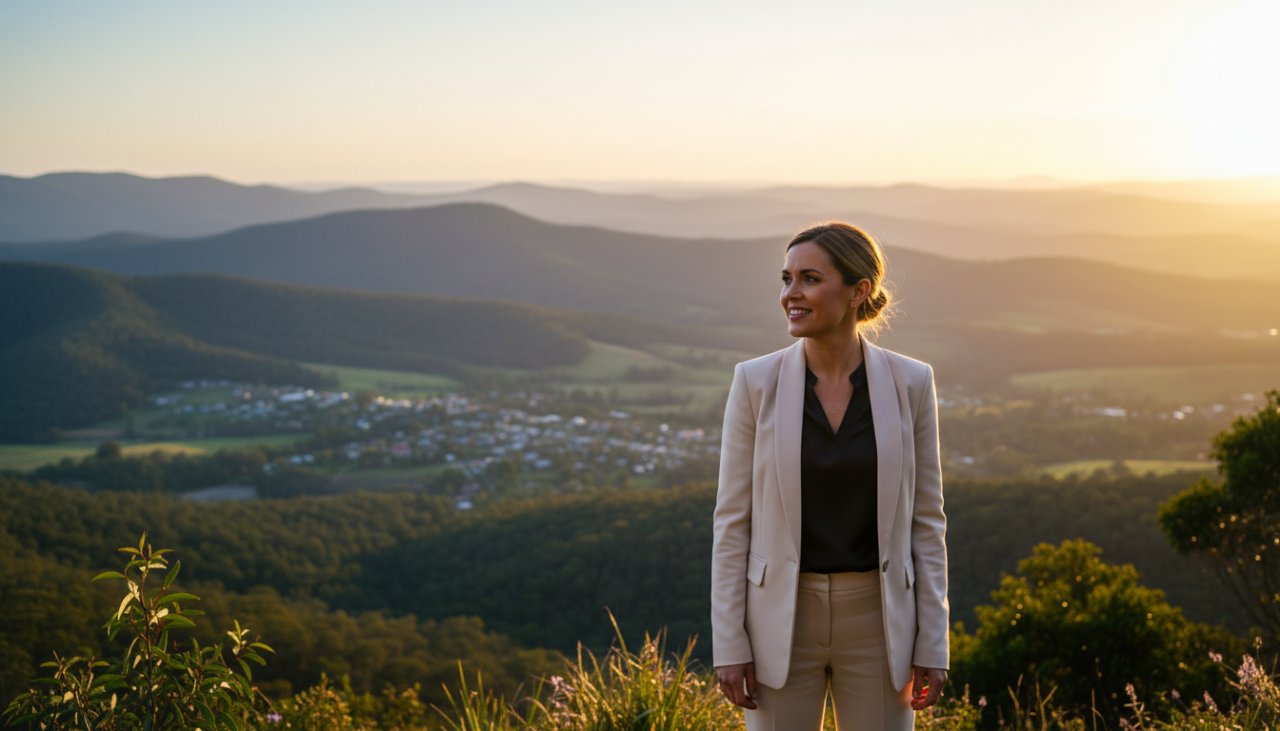 A dynamic, candid shot of a business professional in Tremont, Victoria, smiling confidently outdoors, exemplifying modern corporate headshots Tremont Victoria, with the Dandenong Ranges in the soft-focus background.