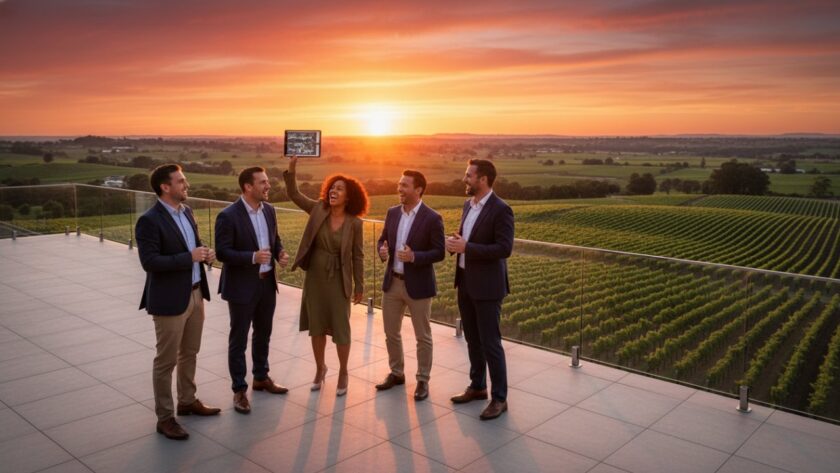 An inspiring wide-angle shot of a diverse business team collaborating energetically in a modern, sunlit Tarrawarra winery conference space, showcasing dynamic and professional Modern Corporate Photography Tarrawarra Business Branding, with natural light highlighting their engaged expressions and the beautiful vineyard backdrop.
