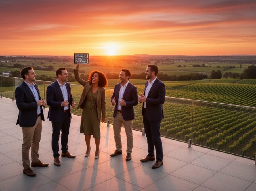 An inspiring wide-angle shot of a diverse business team collaborating energetically in a modern, sunlit Tarrawarra winery conference space, showcasing dynamic and professional Modern Corporate Photography Tarrawarra Business Branding, with natural light highlighting their engaged expressions and the beautiful vineyard backdrop.