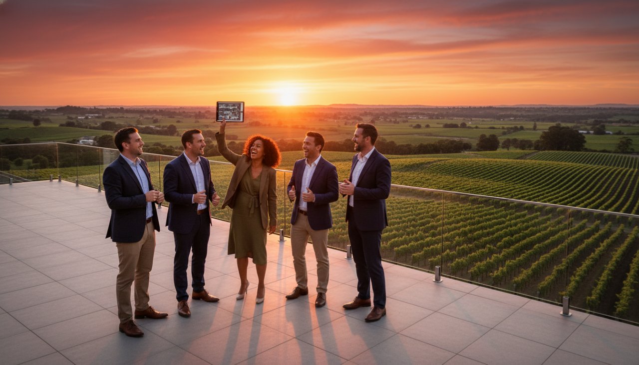 An inspiring wide-angle shot of a diverse business team collaborating energetically in a modern, sunlit Tarrawarra winery conference space, showcasing dynamic and professional Modern Corporate Photography Tarrawarra Business Branding, with natural light highlighting their engaged expressions and the beautiful vineyard backdrop.