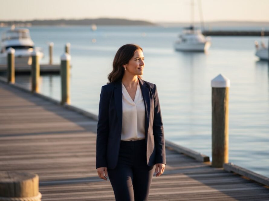 A modern professional headshots Safety Beach Victoria photo capturing an empowered female executive with a warm, confident smile, standing against a softly blurred backdrop of the Safety Beach marina at sunset, embodying success and approachability.
