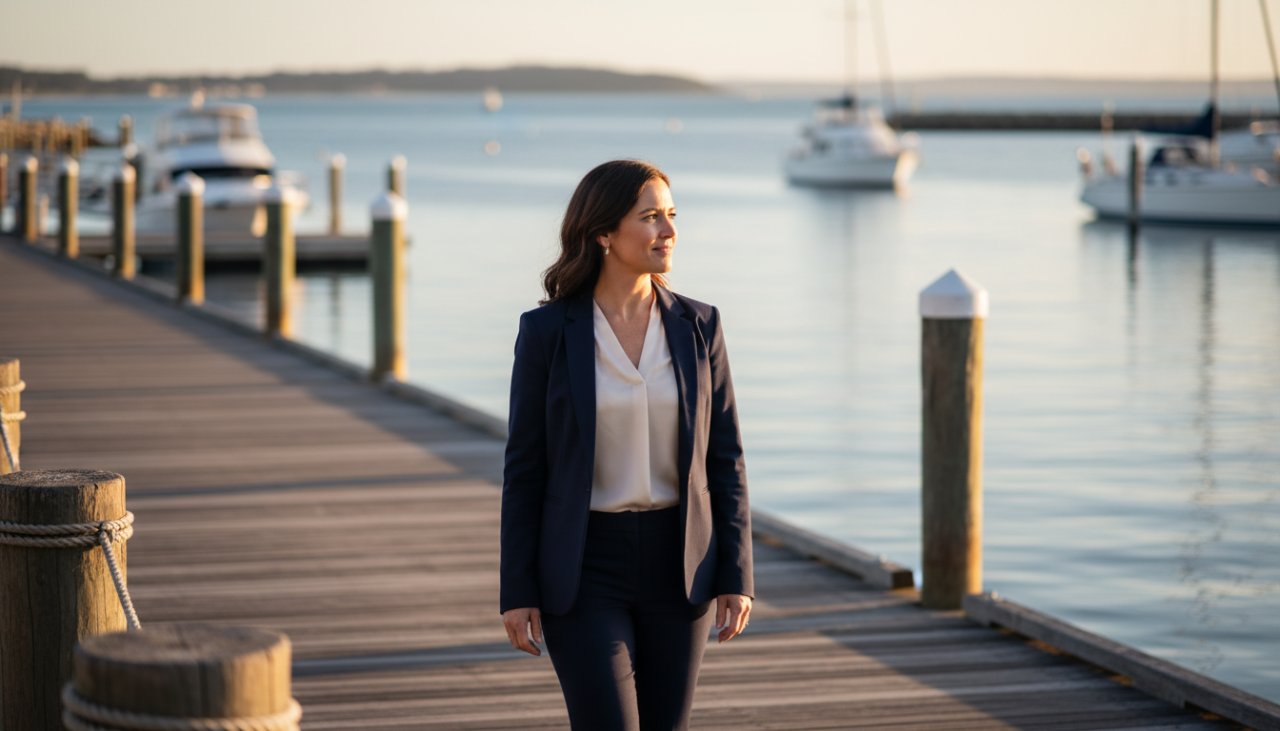 A modern professional headshots Safety Beach Victoria photo capturing an empowered female executive with a warm, confident smile, standing against a softly blurred backdrop of the Safety Beach marina at sunset, embodying success and approachability.