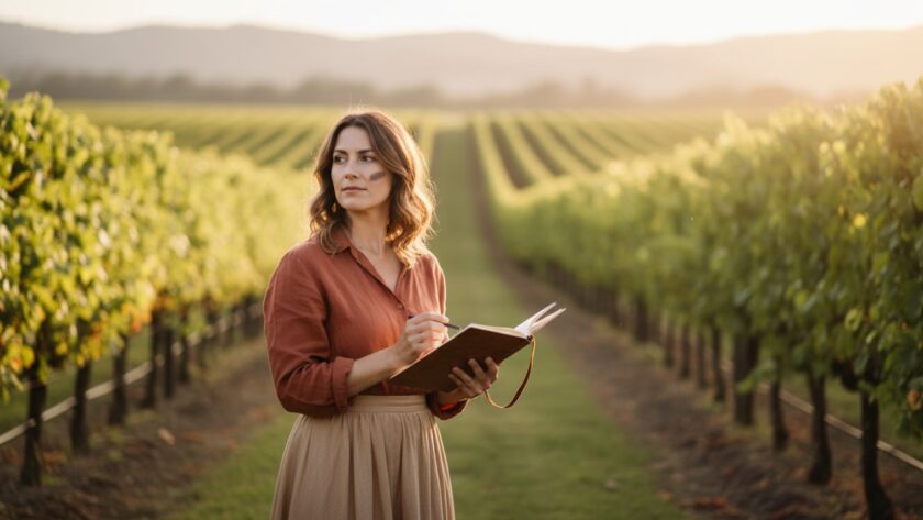 A compelling modern professional headshot of a female artist, captured outdoors in Seville with the soft, golden afternoon light filtering through distant gum trees. She is smiling genuinely, holding a paintbrush and looking thoughtfully into the distance, embodying creativity and professionalism. The background is a gently blurred vineyard, providing an authentic local feel.