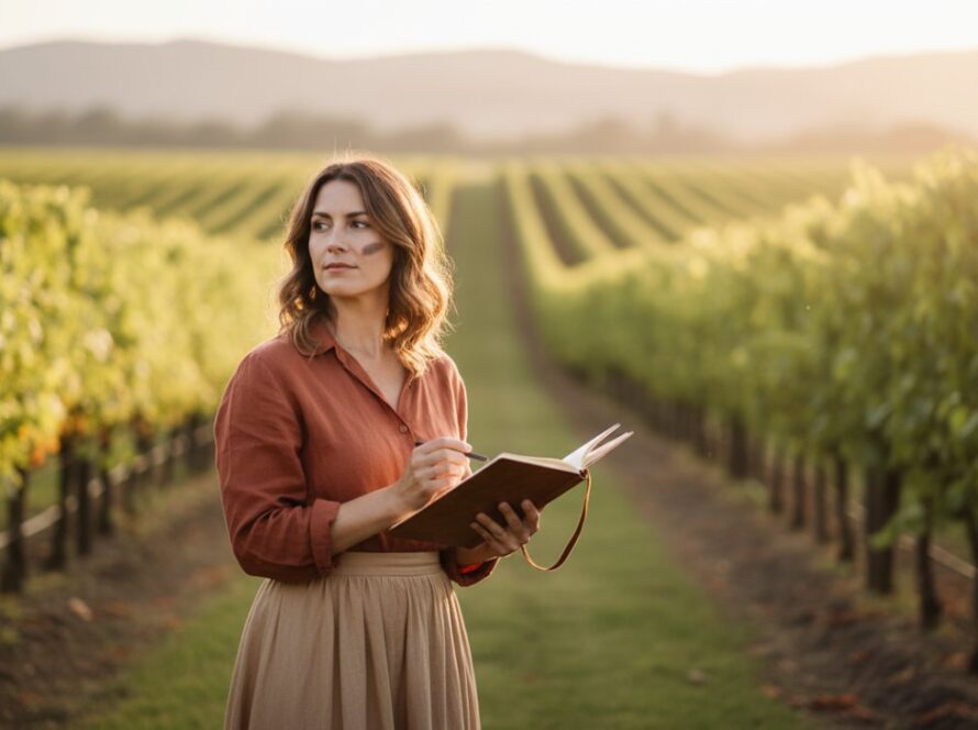 A compelling modern professional headshot of a female artist, captured outdoors in Seville with the soft, golden afternoon light filtering through distant gum trees. She is smiling genuinely, holding a paintbrush and looking thoughtfully into the distance, embodying creativity and professionalism. The background is a gently blurred vineyard, providing an authentic local feel.