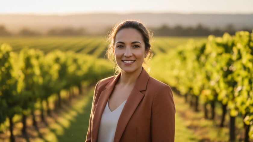 A dynamic, sun-drenched photograph of a confident female entrepreneur smiling genuinely, framed by the rustic, natural beauty of Wandin North vineyards, embodying modern professional headshots Wandin North entrepreneurs seek.