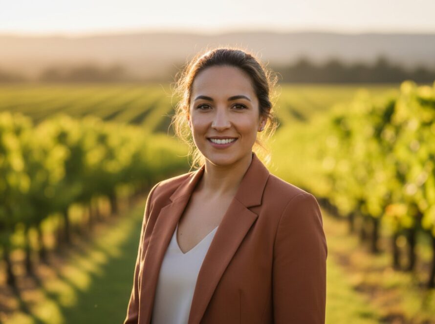 A dynamic, sun-drenched photograph of a confident female entrepreneur smiling genuinely, framed by the rustic, natural beauty of Wandin North vineyards, embodying modern professional headshots Wandin North entrepreneurs seek.