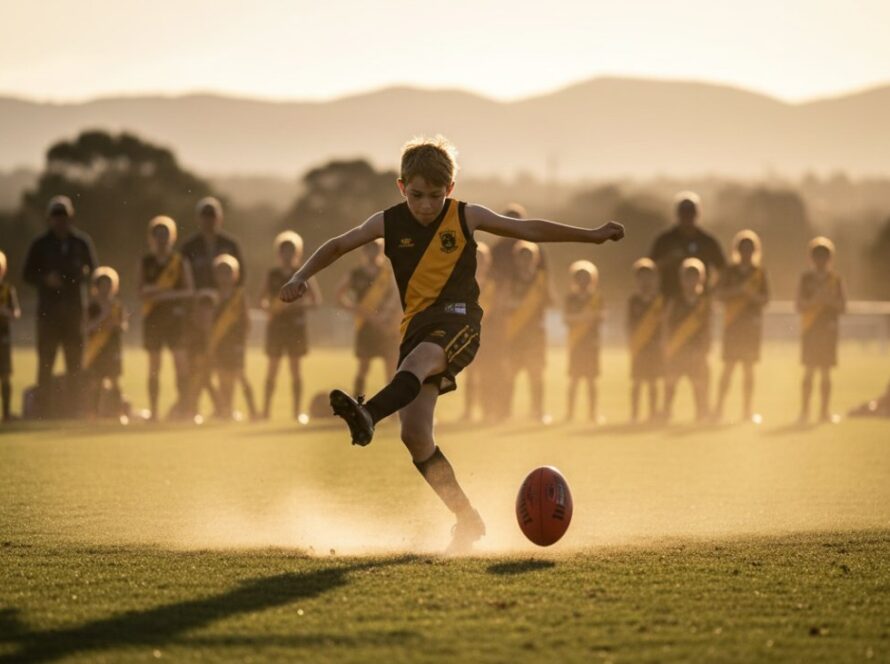 A dynamic wide-angle photograph capturing a young athlete in Montrose junior sports photography action, mid-jump, scoring a goal during a football match at Montrose Recreation Reserve at golden hour, with cheering blurred spectators and lush Dandenong Ranges in the background, conveying triumph and energy.