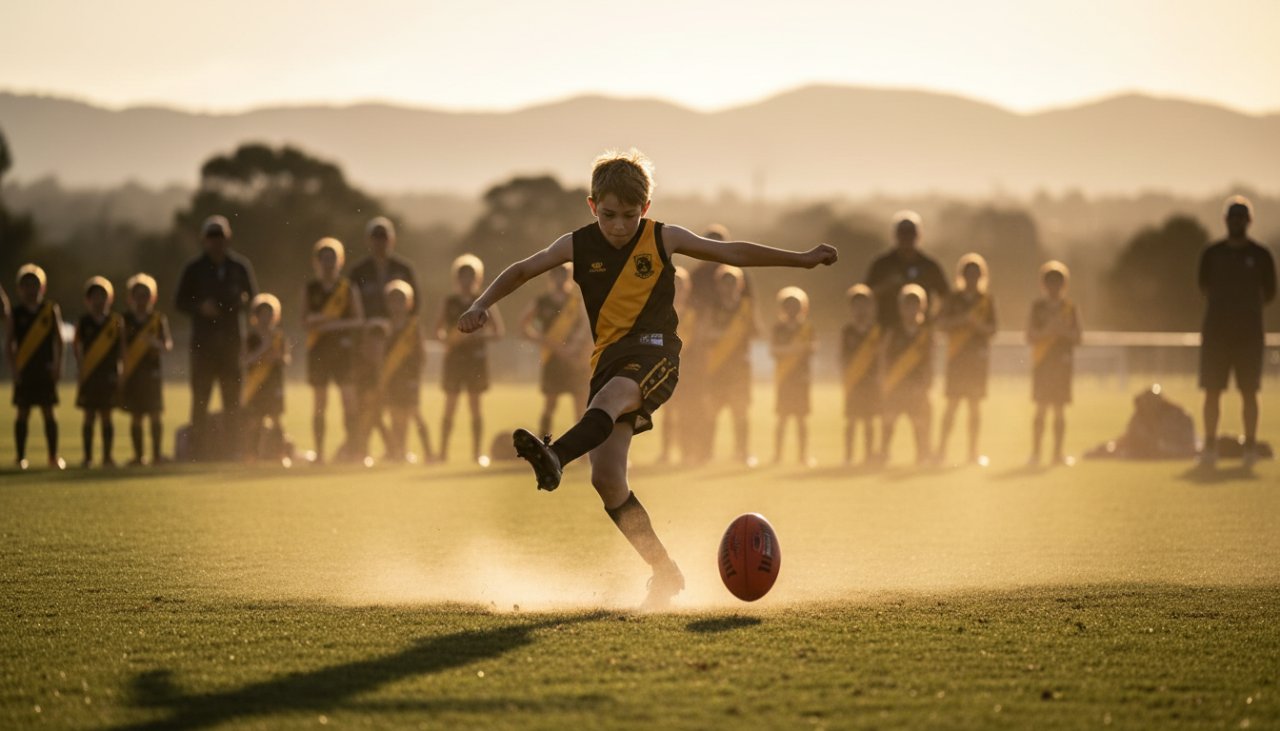 A dynamic wide-angle photograph capturing a young athlete in Montrose junior sports photography action, mid-jump, scoring a goal during a football match at Montrose Recreation Reserve at golden hour, with cheering blurred spectators and lush Dandenong Ranges in the background, conveying triumph and energy.