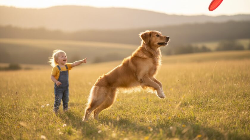 An epic moment of a golden retriever joyfully leaping towards its family in a sun-drenched Montrose park, perfectly illustrating Montrose pet photography natural light family portraits with genuine happiness.