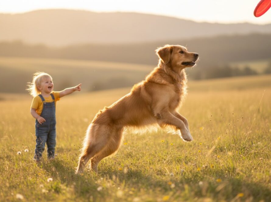 An epic moment of a golden retriever joyfully leaping towards its family in a sun-drenched Montrose park, perfectly illustrating Montrose pet photography natural light family portraits with genuine happiness.