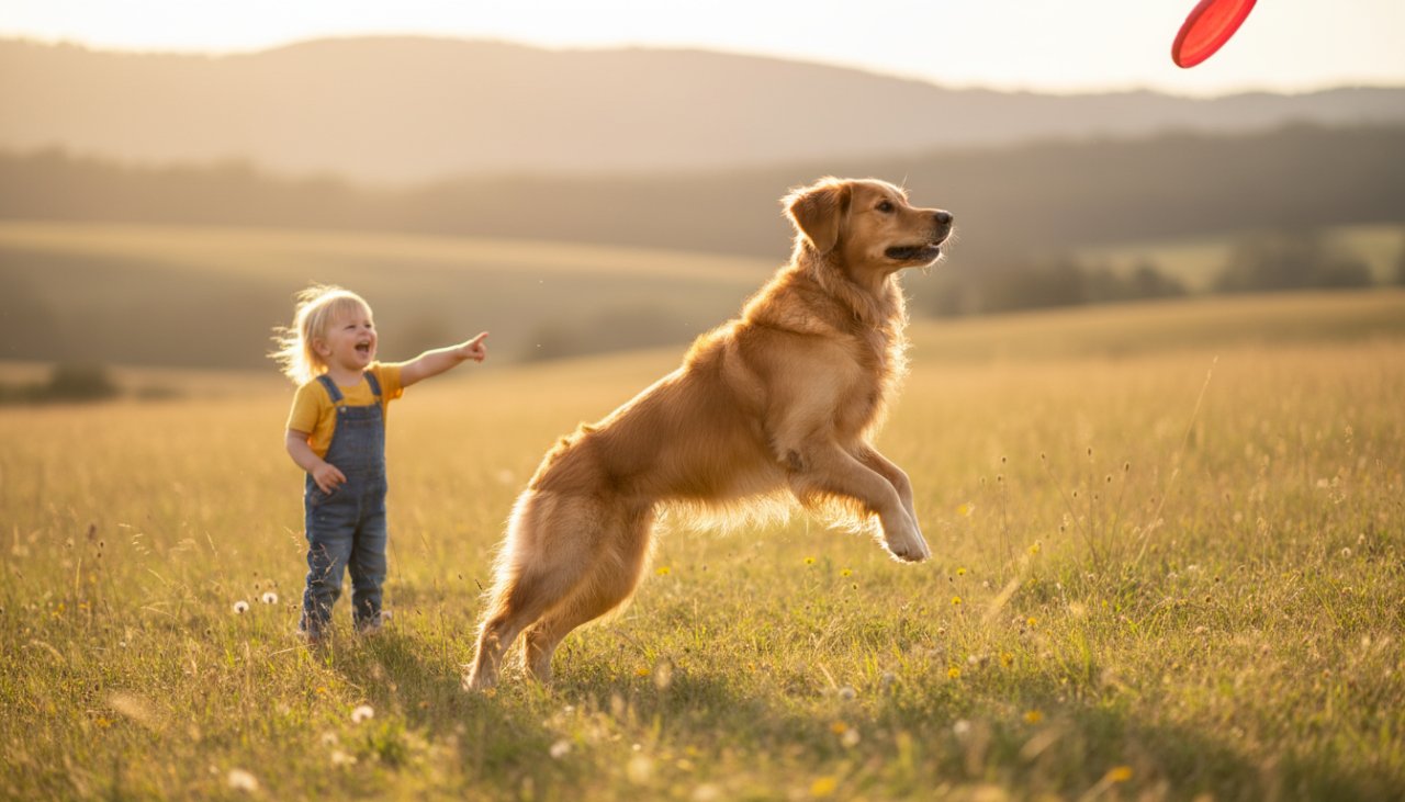 An epic moment of a golden retriever joyfully leaping towards its family in a sun-drenched Montrose park, perfectly illustrating Montrose pet photography natural light family portraits with genuine happiness.