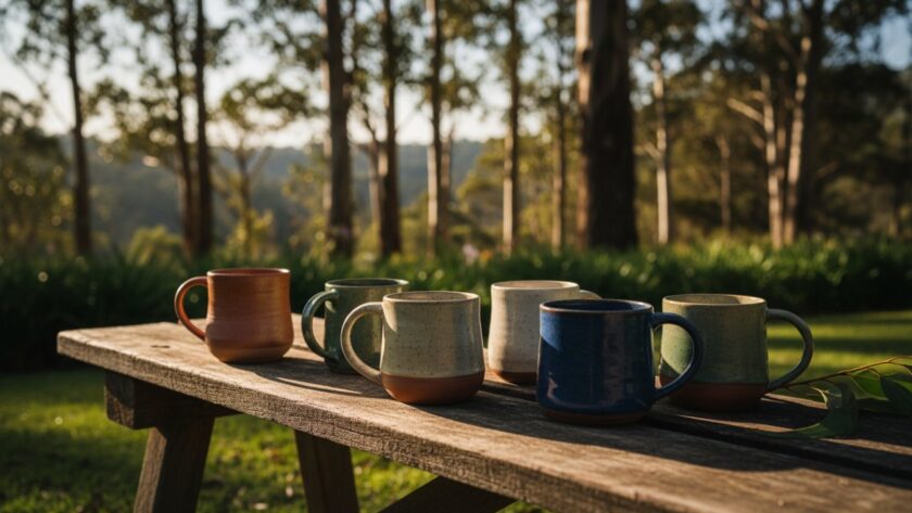 A captivating close-up of beautifully handcrafted ceramic mugs, bathed in soft, natural light filtering through the eucalypts of Montrose, Victoria, capturing an epic moment in Montrose Victoria artisan product photography, ready for an online store.
