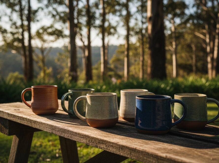 A captivating close-up of beautifully handcrafted ceramic mugs, bathed in soft, natural light filtering through the eucalypts of Montrose, Victoria, capturing an epic moment in Montrose Victoria artisan product photography, ready for an online store.