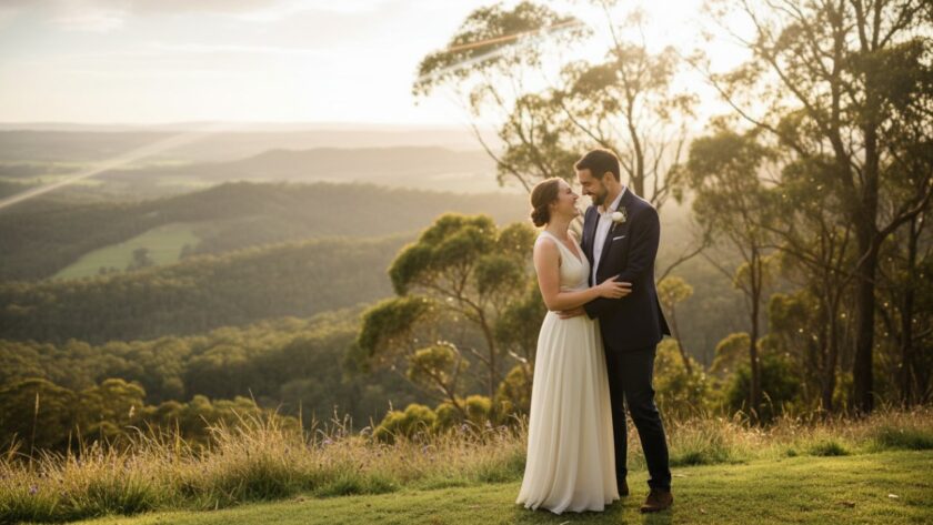 A newly engaged couple sharing a tender, joyful embrace amidst the lush, golden-hour scenery of the Dandenong Ranges, capturing Montrose Victoria engagement photos Dandenong Ranges, with soft light filtering through the trees, evoking an epic moment of pure love.
