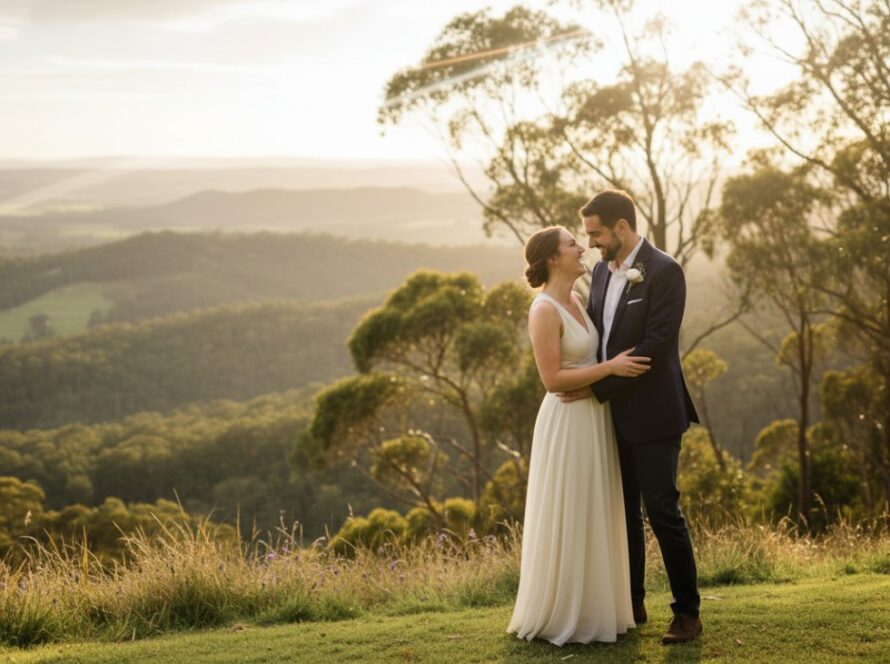 A newly engaged couple sharing a tender, joyful embrace amidst the lush, golden-hour scenery of the Dandenong Ranges, capturing Montrose Victoria engagement photos Dandenong Ranges, with soft light filtering through the trees, evoking an epic moment of pure love.