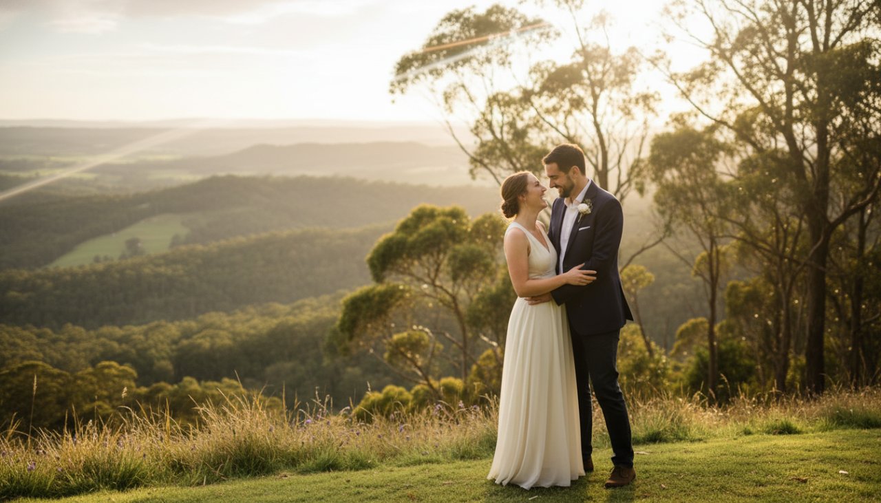 A newly engaged couple sharing a tender, joyful embrace amidst the lush, golden-hour scenery of the Dandenong Ranges, capturing Montrose Victoria engagement photos Dandenong Ranges, with soft light filtering through the trees, evoking an epic moment of pure love.