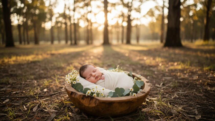 An epic moment captured: A serene Montrose Victoria newborn photography heirloom portrait featuring a baby peacefully sleeping in a rustic wooden basket, surrounded by soft, natural light filtering through eucalyptus leaves, evoking a sense of tranquil beauty and timeless innocence.