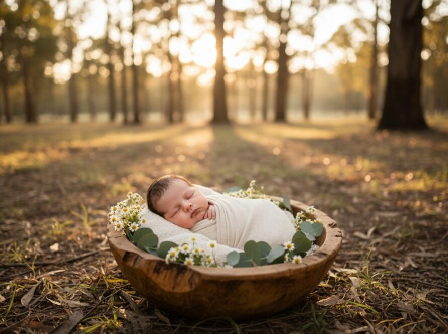 An epic moment captured: A serene Montrose Victoria newborn photography heirloom portrait featuring a baby peacefully sleeping in a rustic wooden basket, surrounded by soft, natural light filtering through eucalyptus leaves, evoking a sense of tranquil beauty and timeless innocence.