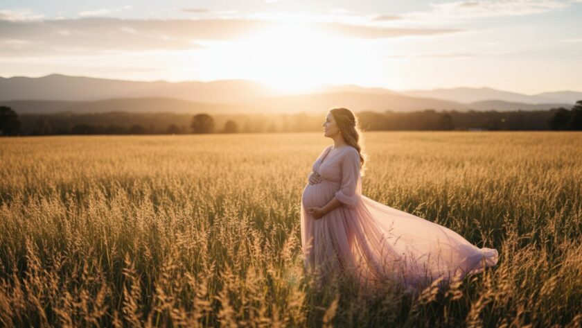 An expectant mother in a flowing gown stands gracefully amidst the golden hour glow of a Montrose Victoria serene outdoor maternity photography session, capturing a magical and tender moment.