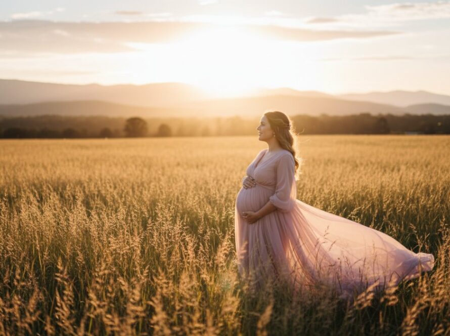 An expectant mother in a flowing gown stands gracefully amidst the golden hour glow of a Montrose Victoria serene outdoor maternity photography session, capturing a magical and tender moment.