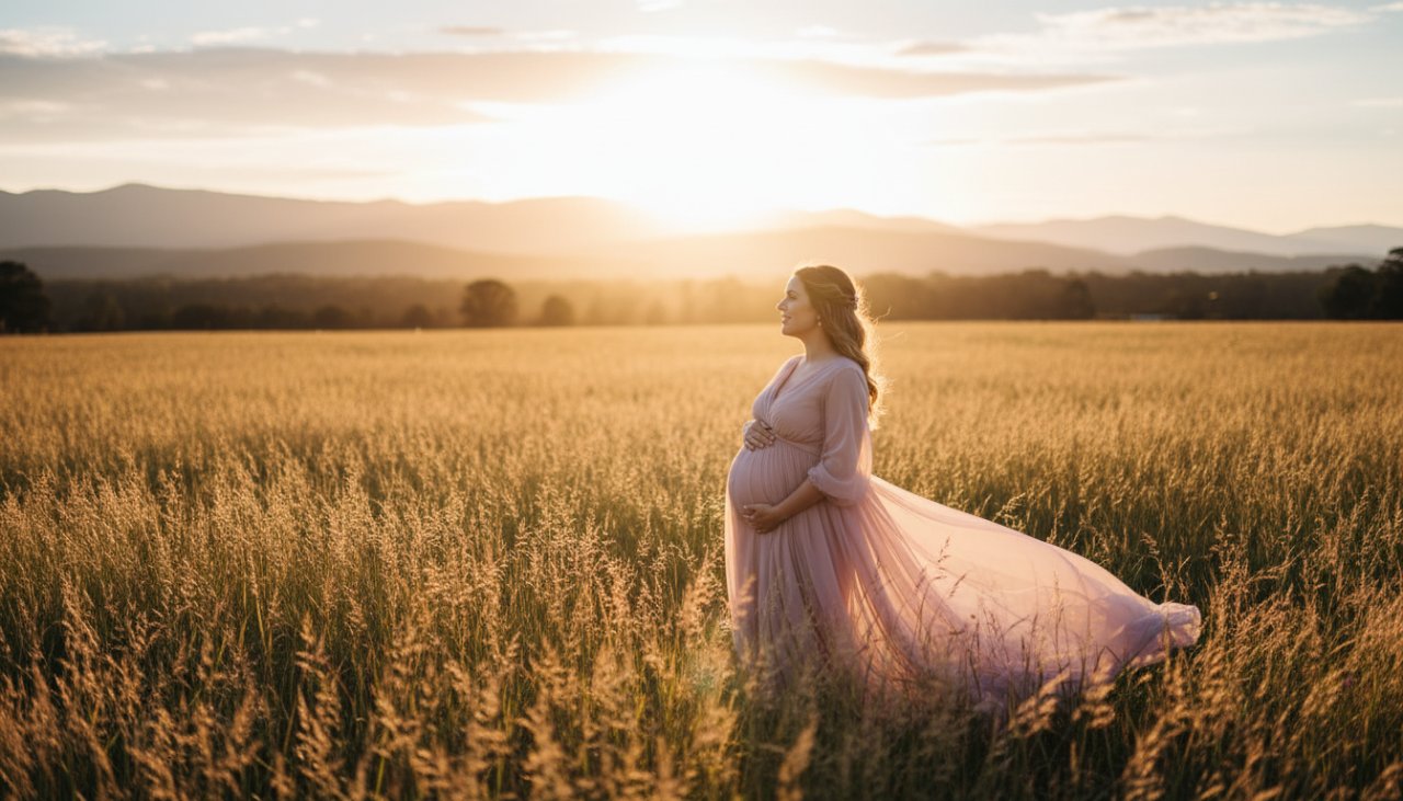 An expectant mother in a flowing gown stands gracefully amidst the golden hour glow of a Montrose Victoria serene outdoor maternity photography session, capturing a magical and tender moment.