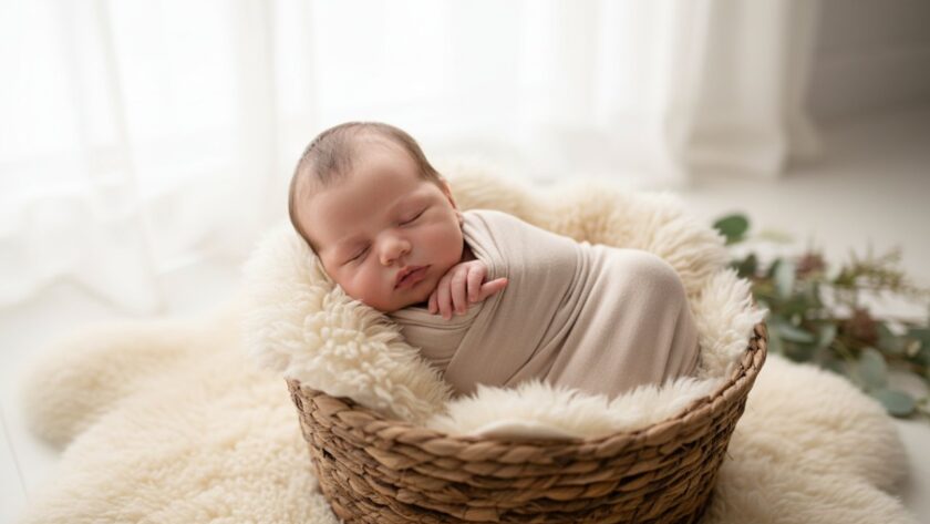 A heartwarming 'Mornington baby photography natural moments' shot featuring a sleeping newborn, gently swaddled in soft organic fabric, cradled in a parent's hands, with the warm, diffused sunlight of a Mornington studio creating a serene backdrop, highlighting tiny details like fingers and toes, evoking pure innocence and connection.