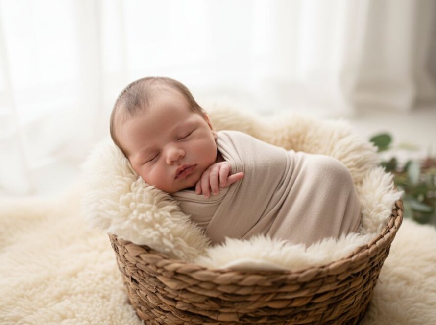 A heartwarming 'Mornington baby photography natural moments' shot featuring a sleeping newborn, gently swaddled in soft organic fabric, cradled in a parent's hands, with the warm, diffused sunlight of a Mornington studio creating a serene backdrop, highlighting tiny details like fingers and toes, evoking pure innocence and connection.