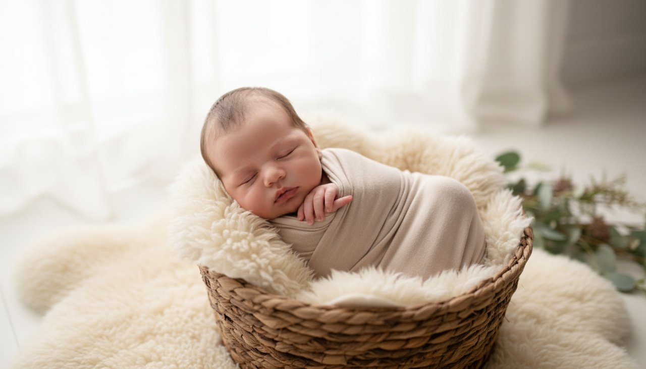 A heartwarming 'Mornington baby photography natural moments' shot featuring a sleeping newborn, gently swaddled in soft organic fabric, cradled in a parent's hands, with the warm, diffused sunlight of a Mornington studio creating a serene backdrop, highlighting tiny details like fingers and toes, evoking pure innocence and connection.