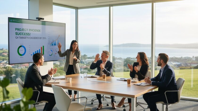 Dynamic wide-angle shot of a diverse group of professionals collaborating earnestly in a modern, light-filled office space with a subtle view of Mornington's coastal landscape through large windows, showcasing powerful Mornington Corporate Branding Photography in action.
