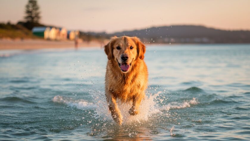 An energetic golden retriever mid-leap, splashing joyfully through the shallow waves at a Mornington beach at sunset, perfectly encapsulating Mornington dog photography joyful beach moments with a golden hour glow.
