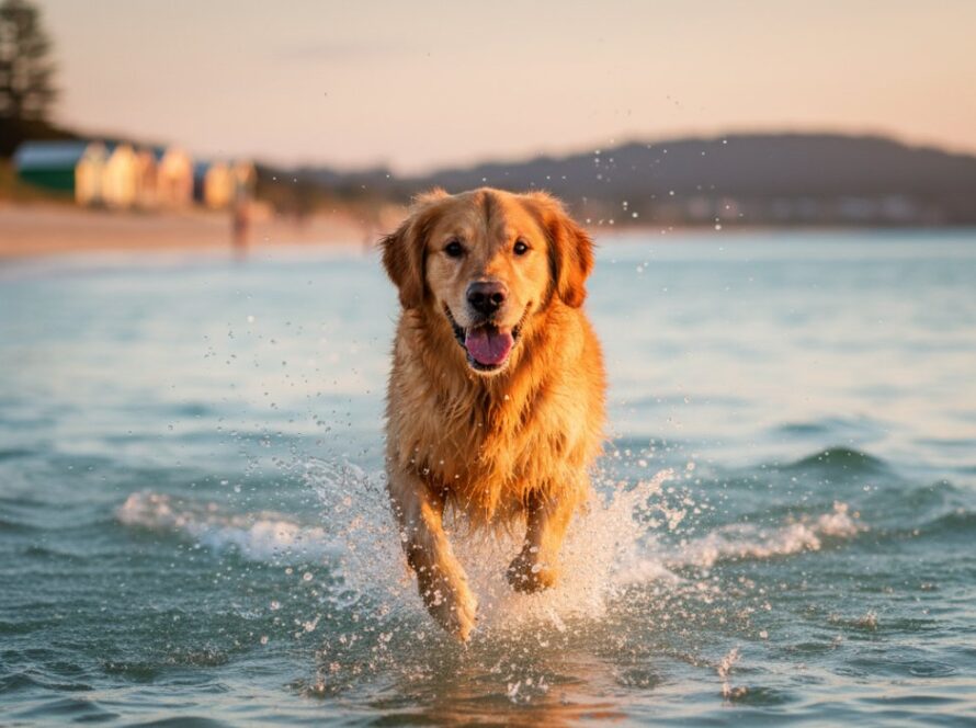 An energetic golden retriever mid-leap, splashing joyfully through the shallow waves at a Mornington beach at sunset, perfectly encapsulating Mornington dog photography joyful beach moments with a golden hour glow.