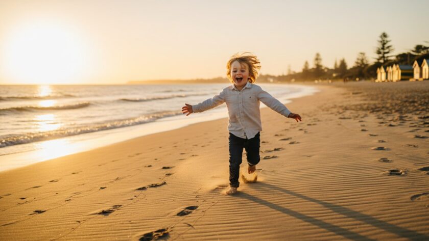 An epic moment of a child laughing joyfully as they run along the sandy shore of Mornington Beach at sunset, with golden light illuminating their playful sprint, perfectly embodying mornington kids photography capturing authentic joy.