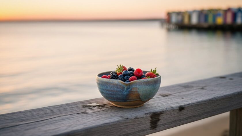 A beautifully lit close-up of a handcrafted ceramic mug, showcasing intricate details and textures, artfully placed on a rustic wooden table overlooking the serene Mornington Bay at sunset. This image represents exceptional Mornington Peninsula artisan product photography services, highlighting the craftsmanship with a warm, inviting glow, capturing an epic moment of artisanal beauty.