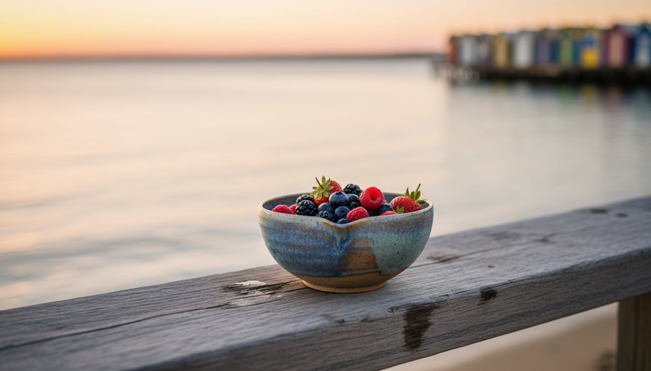 A beautifully lit close-up of a handcrafted ceramic mug, showcasing intricate details and textures, artfully placed on a rustic wooden table overlooking the serene Mornington Bay at sunset. This image represents exceptional Mornington Peninsula artisan product photography services, highlighting the craftsmanship with a warm, inviting glow, capturing an epic moment of artisanal beauty.