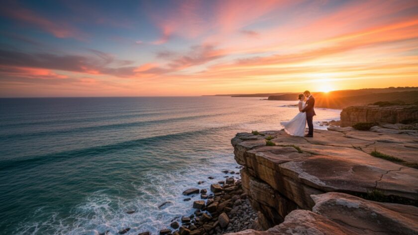 An epic moment captured during a Mornington Peninsula coastal engagement photography session at sunset, featuring a couple embracing on a rugged clifftop overlooking the deep blue sea, with golden light illuminating their joyful expressions.