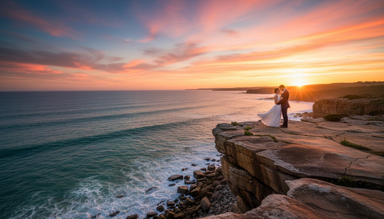 An epic moment captured during a Mornington Peninsula coastal engagement photography session at sunset, featuring a couple embracing on a rugged clifftop overlooking the deep blue sea, with golden light illuminating their joyful expressions.