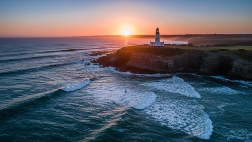 An epic sunrise over the pristine waters of Port Phillip Bay, Mornington Peninsula, featuring a small boat cruising, captured via Mornington Peninsula drone photography, showcasing vibrant colours and a serene, cinematic atmosphere.