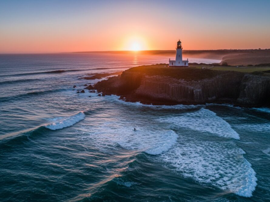 An epic sunrise over the pristine waters of Port Phillip Bay, Mornington Peninsula, featuring a small boat cruising, captured via Mornington Peninsula drone photography, showcasing vibrant colours and a serene, cinematic atmosphere.
