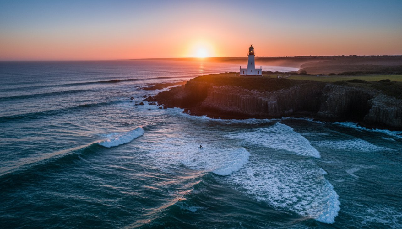 An epic sunrise over the pristine waters of Port Phillip Bay, Mornington Peninsula, featuring a small boat cruising, captured via Mornington Peninsula drone photography, showcasing vibrant colours and a serene, cinematic atmosphere.