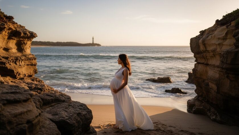 A breathtaking wide shot of a glowing expectant mother at golden hour on a rugged Mornington Peninsula beach, silhouetted against the setting sun, captured during a Mornington Peninsula golden hour maternity photoshoot.