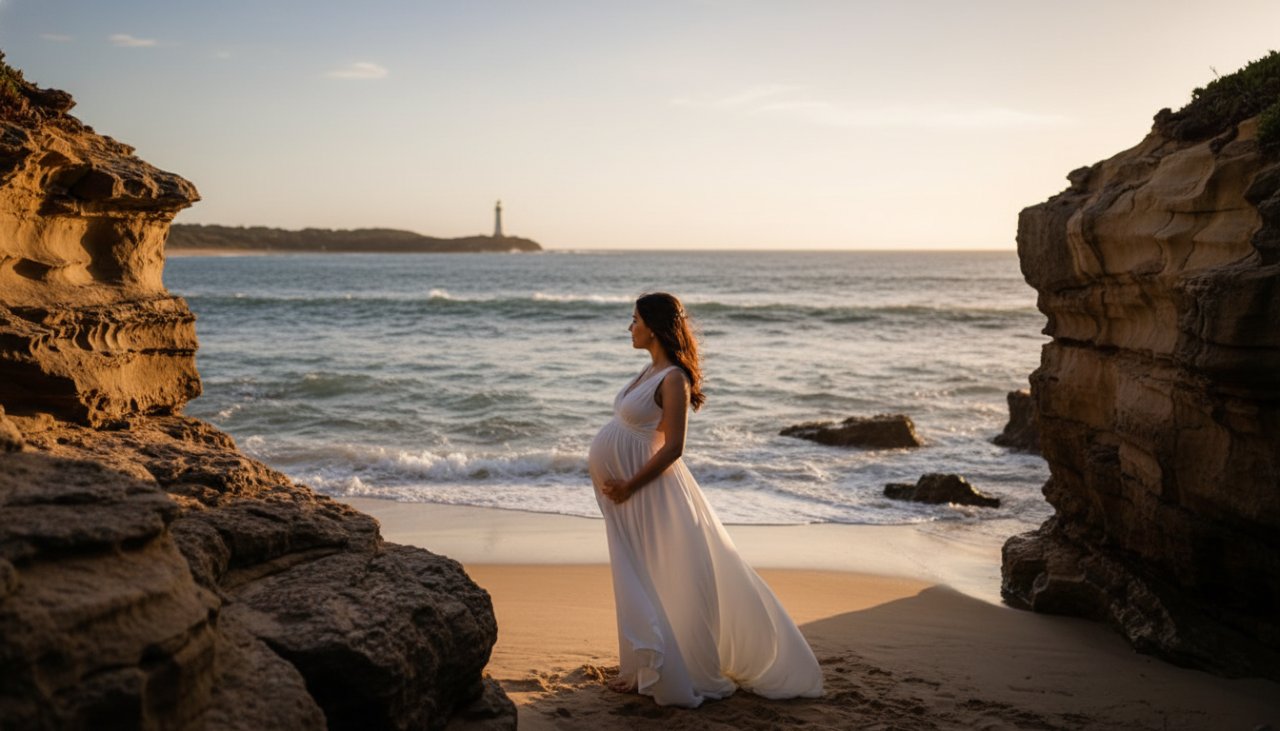 A breathtaking wide shot of a glowing expectant mother at golden hour on a rugged Mornington Peninsula beach, silhouetted against the setting sun, captured during a Mornington Peninsula golden hour maternity photoshoot.