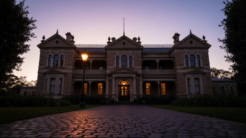 An exquisite, wide-angle dawn shot showcasing the intricate Victorian-era details of a grand heritage building in Mornington, Victoria, bathed in golden light, perfectly representing Mornington Peninsula heritage architecture photography by Image by SD.