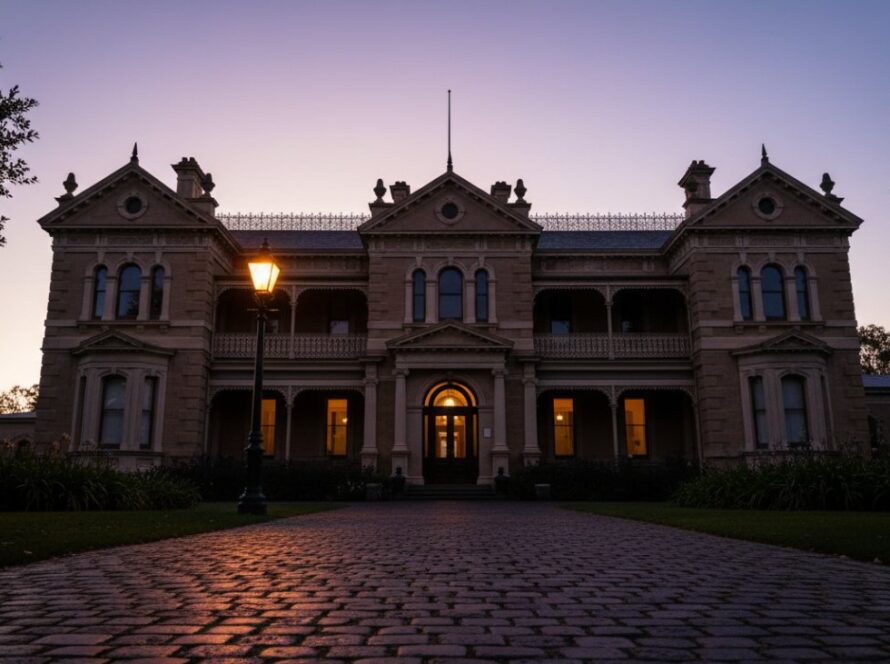 An exquisite, wide-angle dawn shot showcasing the intricate Victorian-era details of a grand heritage building in Mornington, Victoria, bathed in golden light, perfectly representing Mornington Peninsula heritage architecture photography by Image by SD.