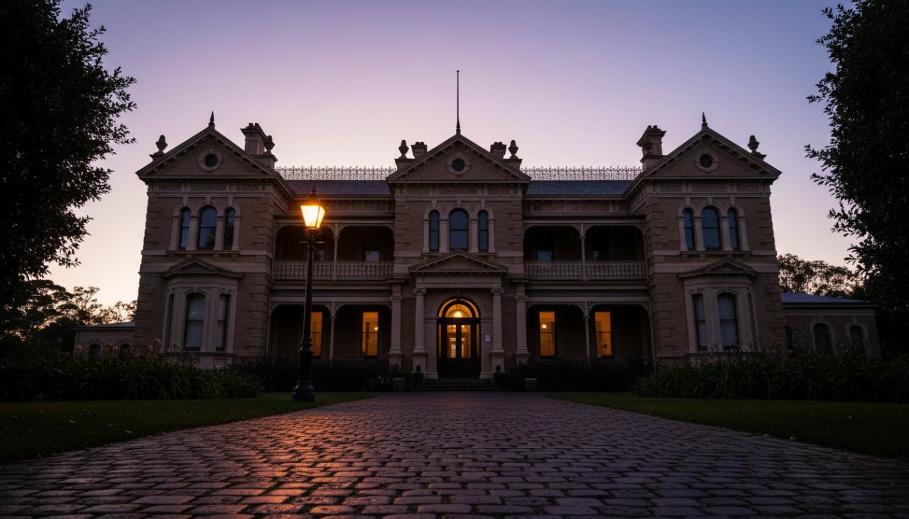 An exquisite, wide-angle dawn shot showcasing the intricate Victorian-era details of a grand heritage building in Mornington, Victoria, bathed in golden light, perfectly representing Mornington Peninsula heritage architecture photography by Image by SD.