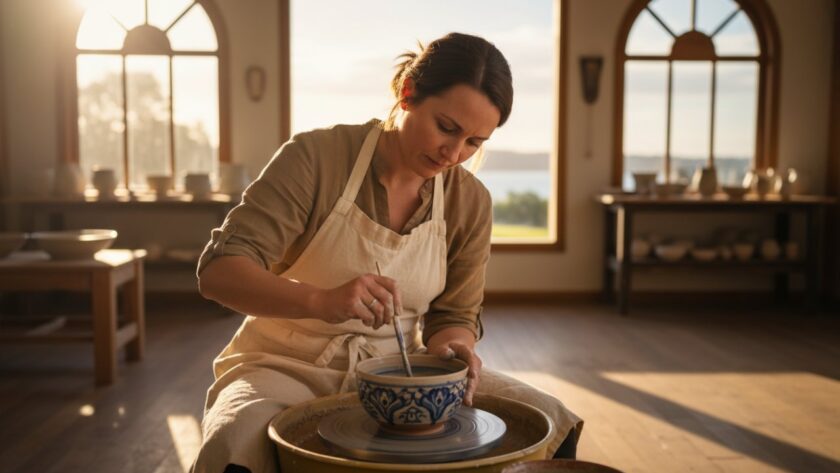 An inspiring wide-angle shot of a local artisan showcasing their craft in a sun-drenched Mornington cafe, perfectly embodying Mornington Peninsula lifestyle advertising photography. The artisan smiles genuinely while demonstrating their skill, with the cafe's rustic charm and Mornington's coastal light filling the background, capturing a beautiful, authentic brand moment.